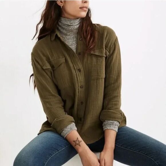 Madewell Tops - New! Madewell Lightspun Flap Pocket Oversized Ex-Boyfriend Shirt  green, size 1X